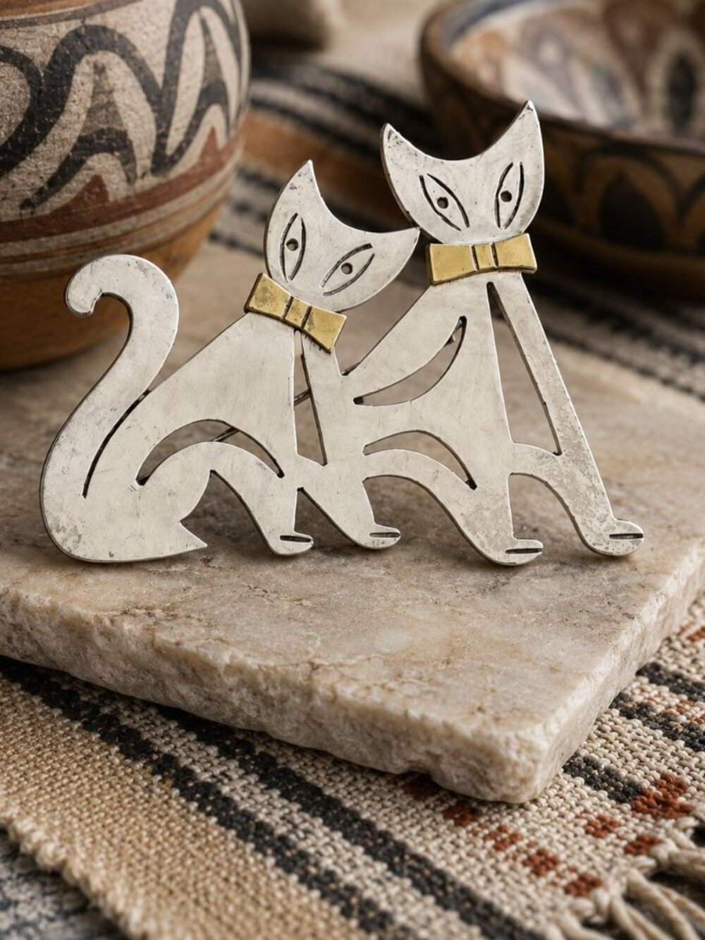 Vintage Taxco Two Trees Sterling Silver Cat Brooch Mexico Juan Sandoval Vázquez - Picture 6 of 8